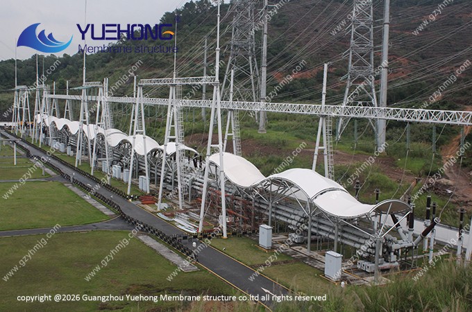 Vídeo del toldo de sombra y lluvia con estructura de membrana para equipos de la red eléctrica